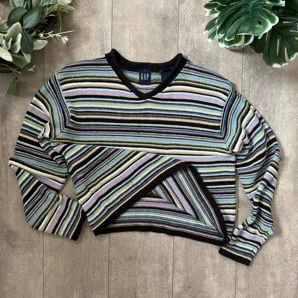 Vintage 90s GAP Girls Striped Heavy Cotton Sweater Size Medium